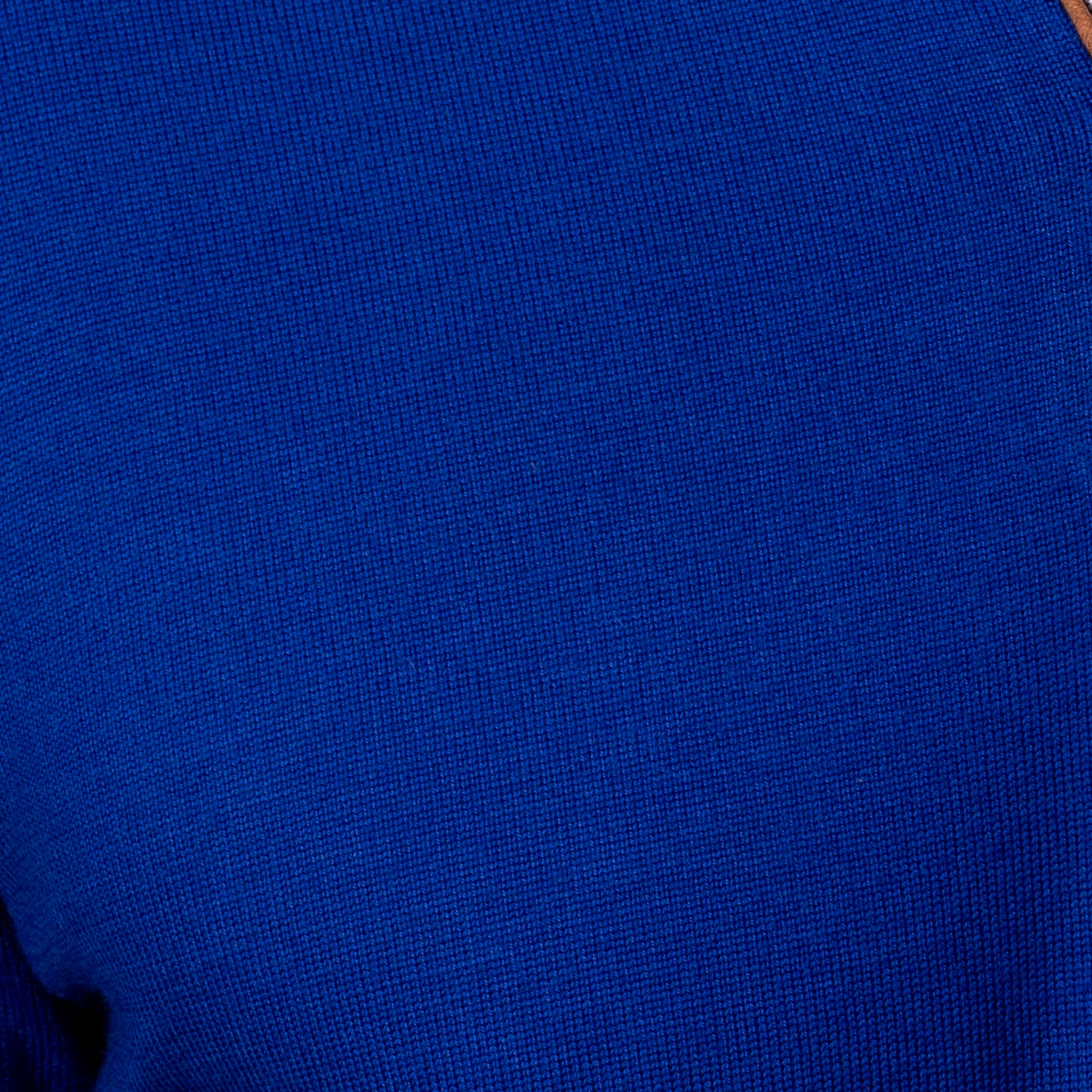 Royal Blue with Brown Suede Trim Cashmere Touch Australian Merino Quarter Zip Sweater - Image 5