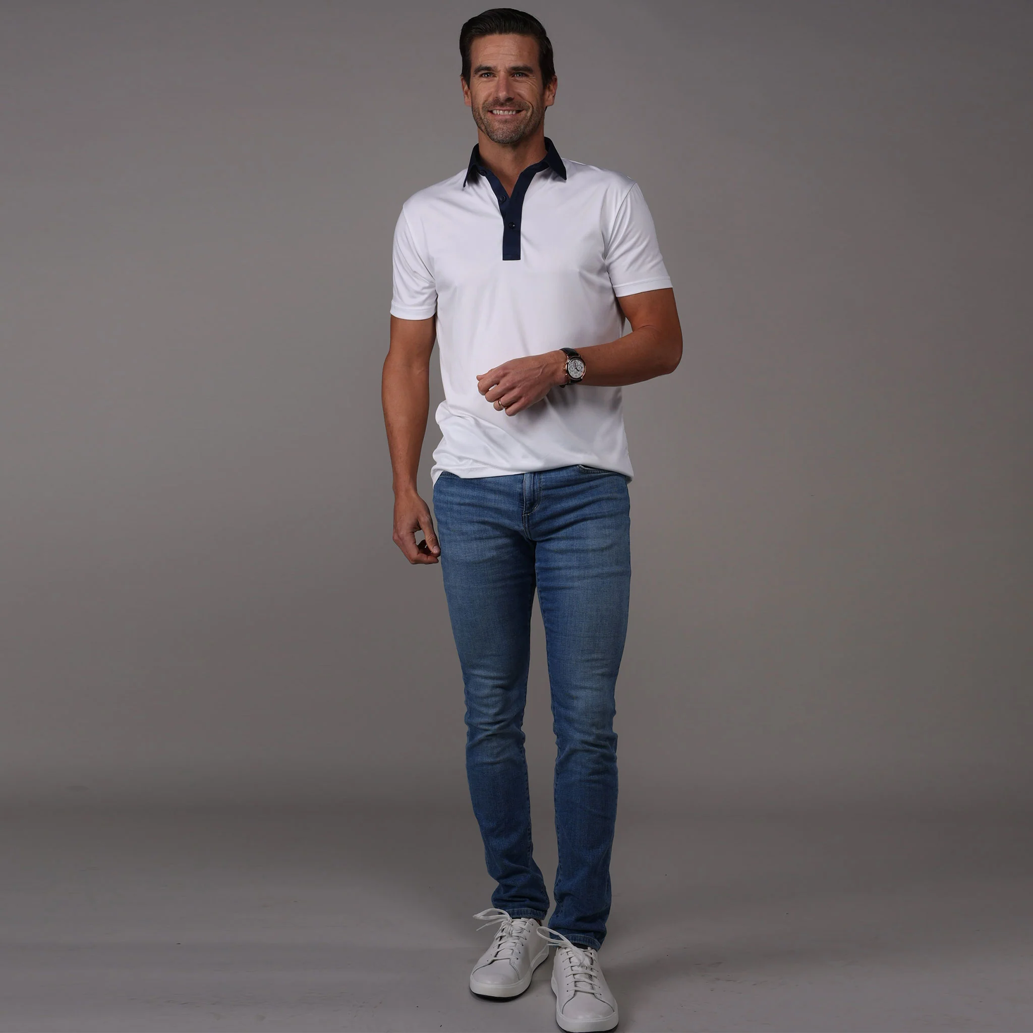Semi-Spread Collar Polo Austin White with Navy Accent - Image 3