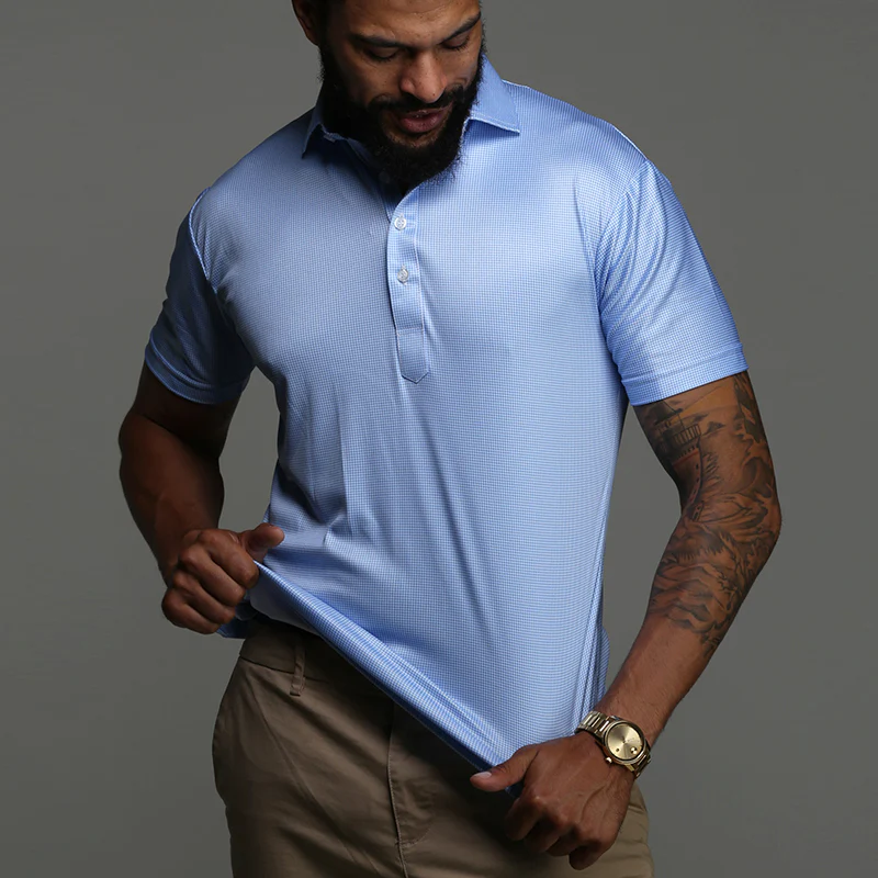 Semi-Spread Collar Polo Blue Houndstooth - Image 6