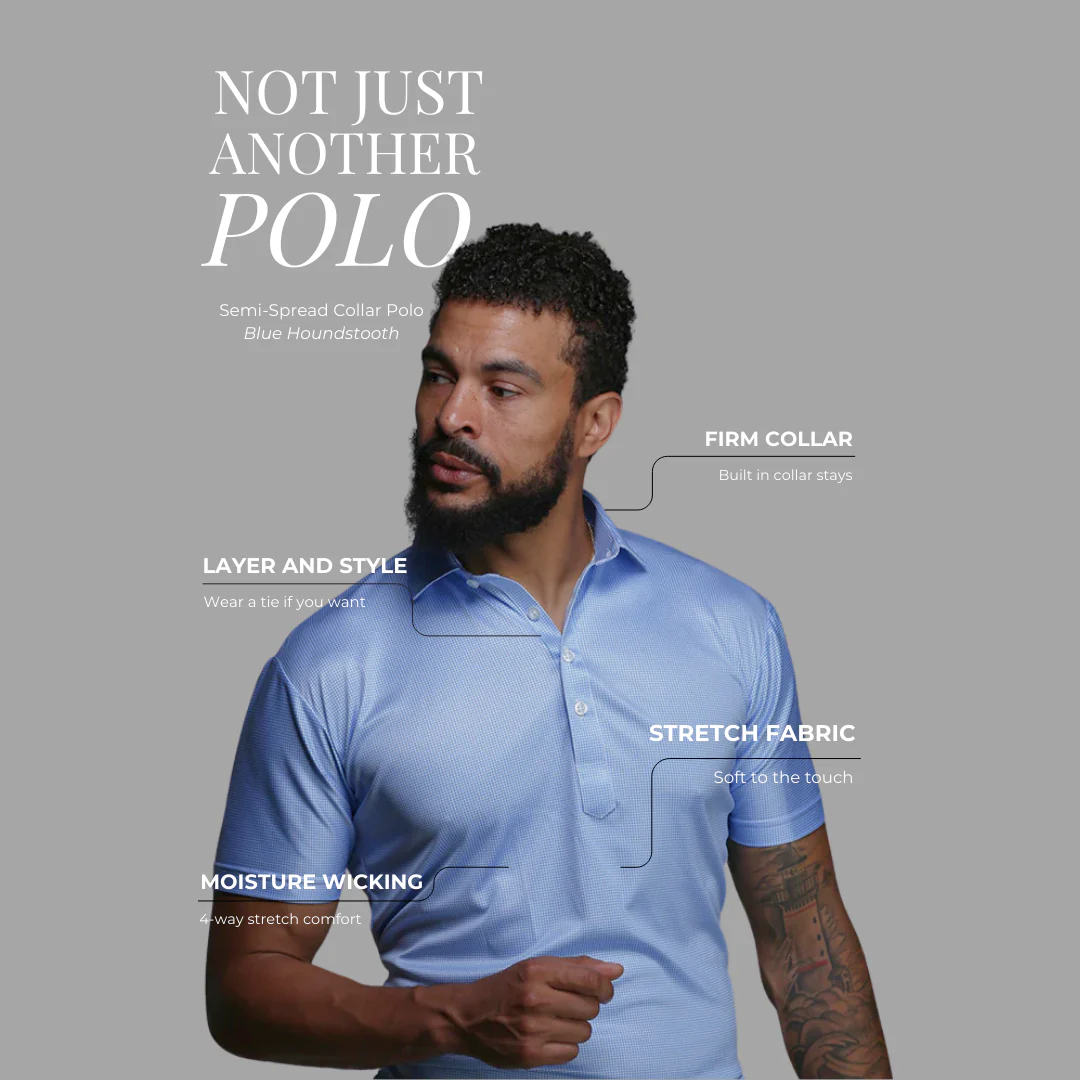 Semi-Spread Collar Polo Blue Houndstooth - Image 8