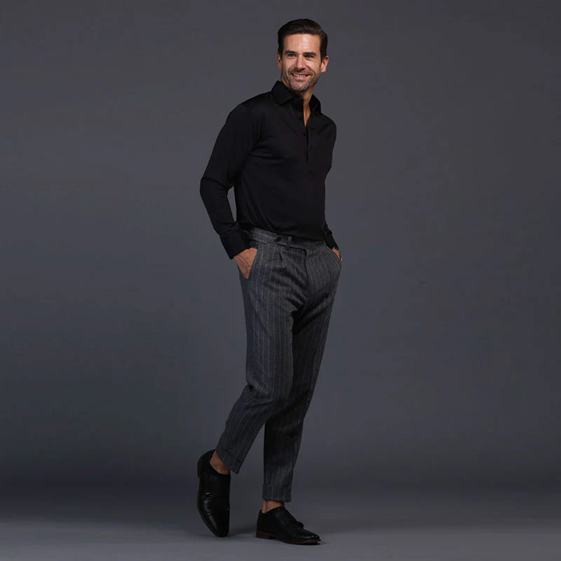 Semi-Spread Collar Polo Long Sleeve Black - Image 3