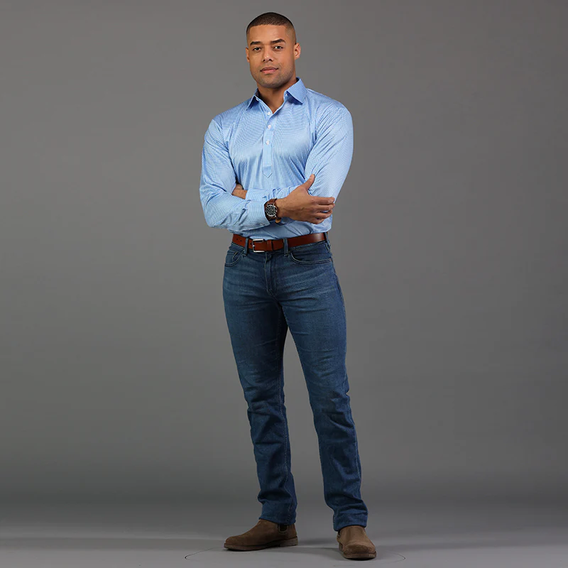 Long Sleeve Semi-Spread Collar Polo Light Blue Micro Gingham - Image 3