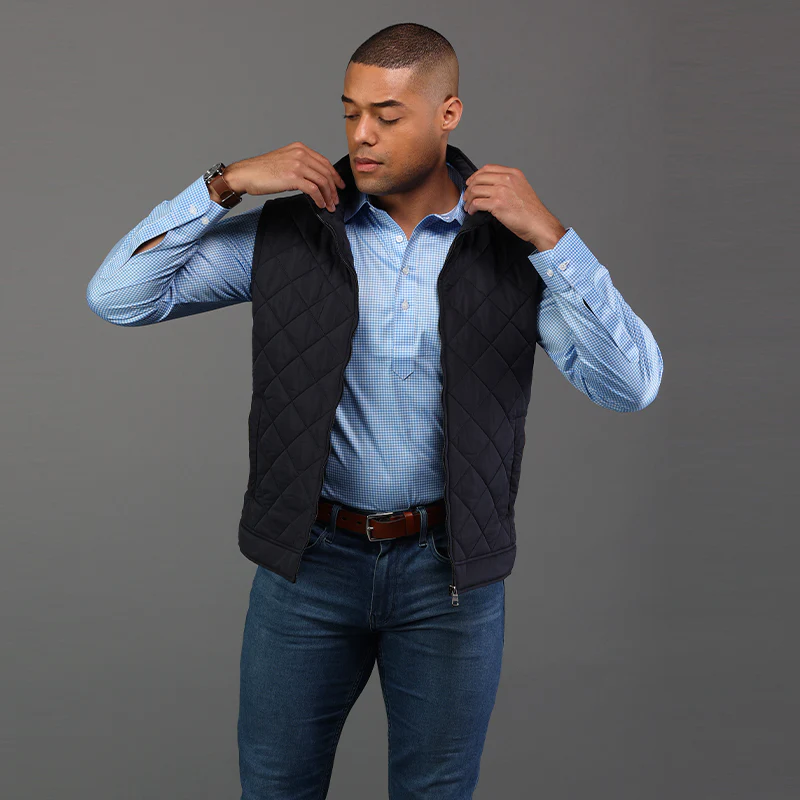 Long Sleeve Semi-Spread Collar Polo Light Blue Micro Gingham - Image 5