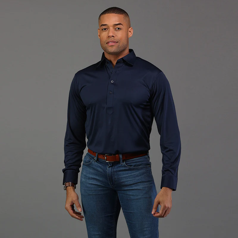 Semi-Spread Collar Polo Long Sleeve Navy - Image 3