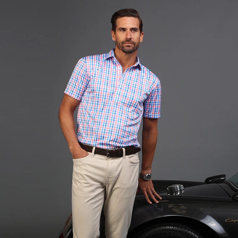 Semi-Spread Collar Polo Nantucket Blue and Pink Gingham - Image 4