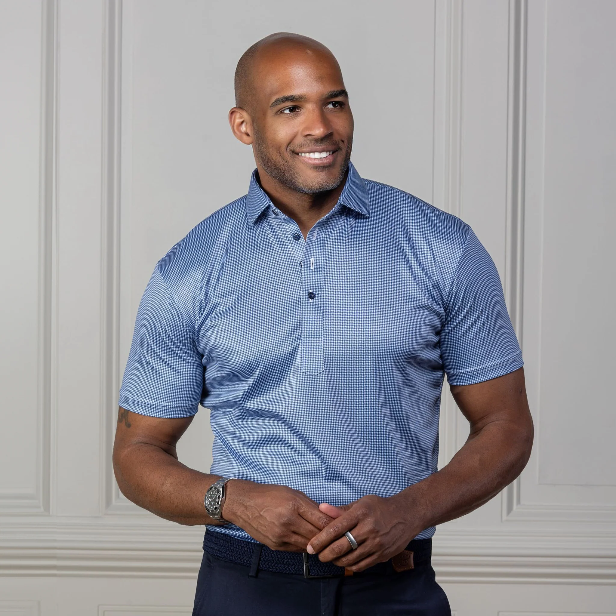 Semi-Spread Collar Polo Navy Houndstooth - Image 5