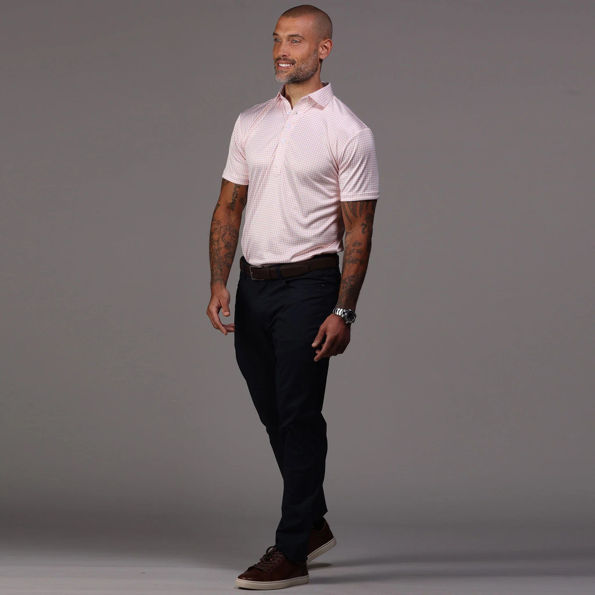 Semi-Spread Collar Polo Orange Grid - Image 5