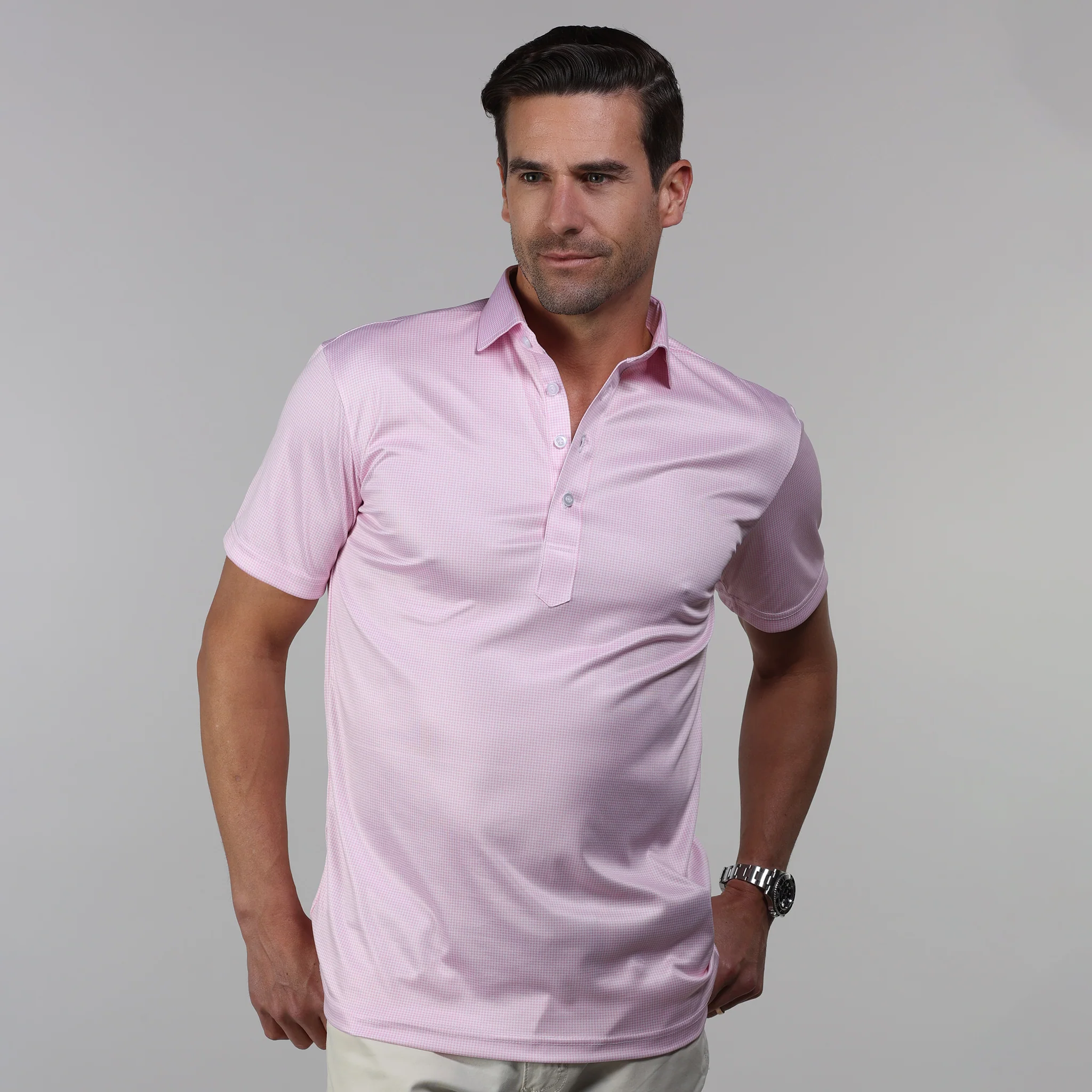 Semi-Spread Collar Polo Pink Houndstooth - Image 4