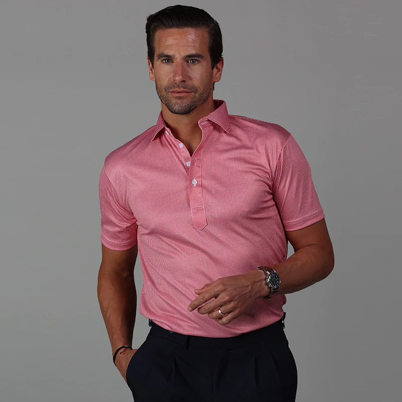 Semi-Spread Collar Polo Red Houndstooth - Image 3