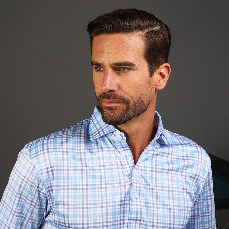 Semi-Spread Collar Polo Sea Island Blue and Purple Plaid - Image 2
