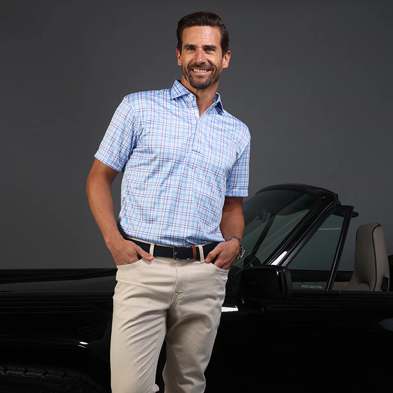 Semi-Spread Collar Polo Sea Island Blue and Purple Plaid - Image 4