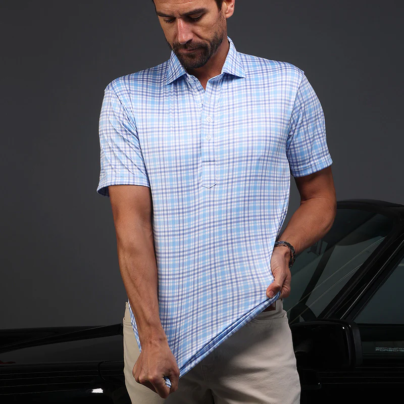 Semi-Spread Collar Polo Sea Island Blue and Purple Plaid - Image 5