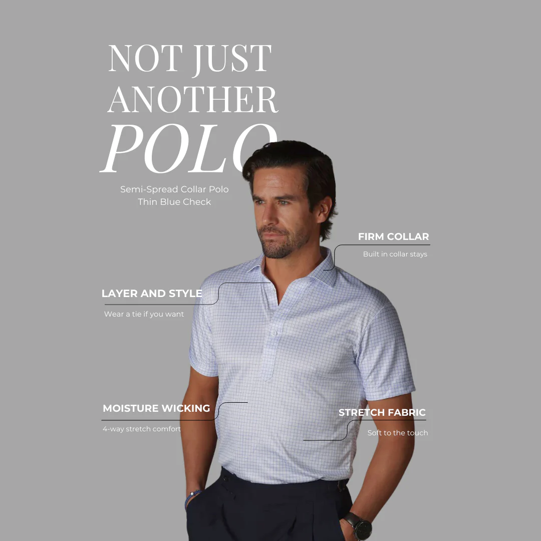 Semi-Spread Collar Polo Thin Blue Check - Image 10