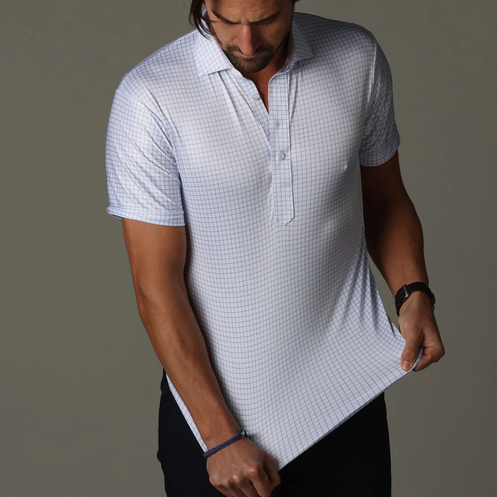 Semi-Spread Collar Polo Thin Blue Check - Image 7