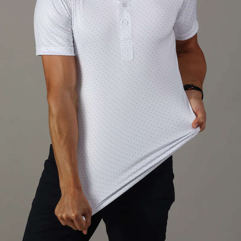 Semi-Spread Collar Polo White Navy Polka Dot - Image 5