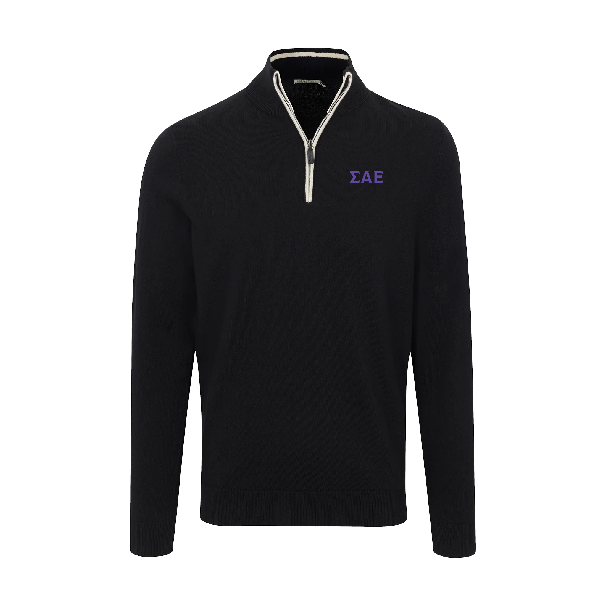 Sigma Alpha Epsilon Black with White Trim Luxury Touch Cotton and Cashmere Quarter Zip Sweater