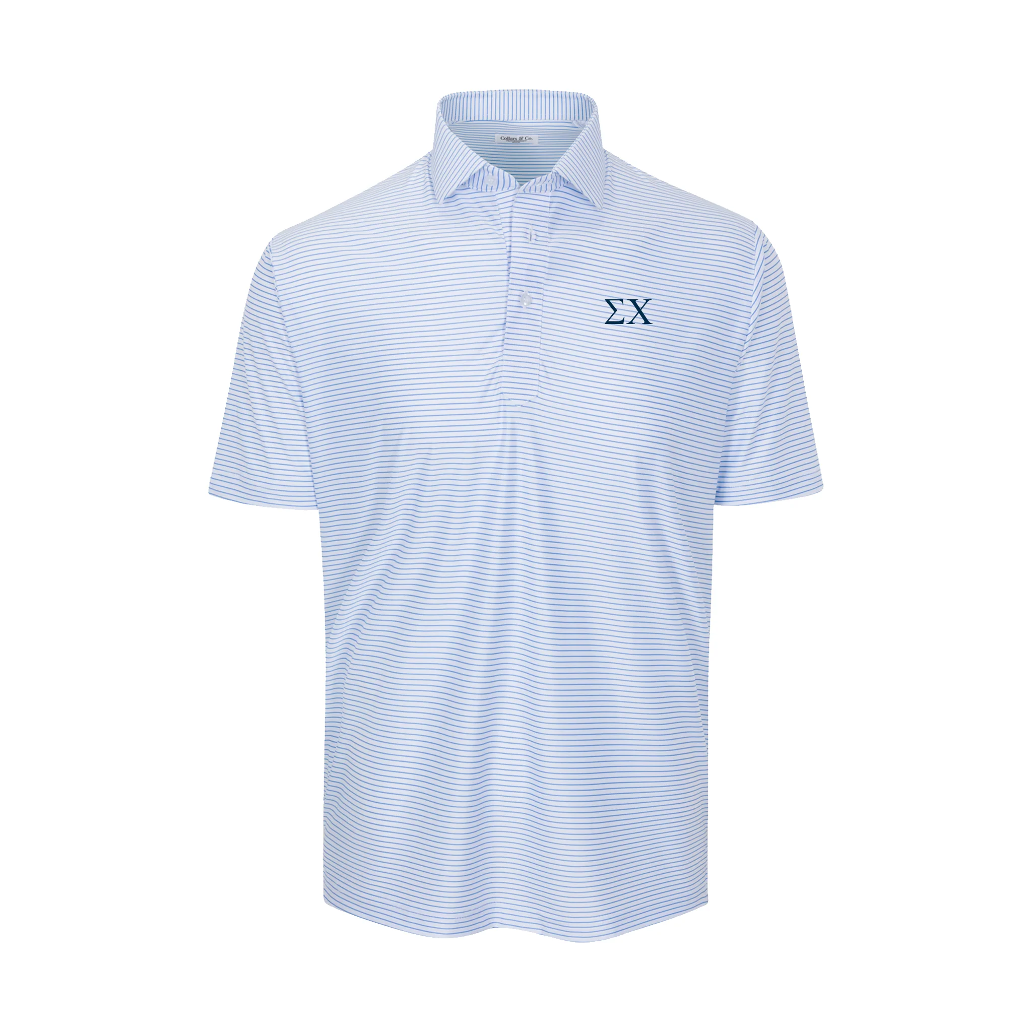 Sigma Chi Featherweight Flex Polo Camden White with Blue Stripe