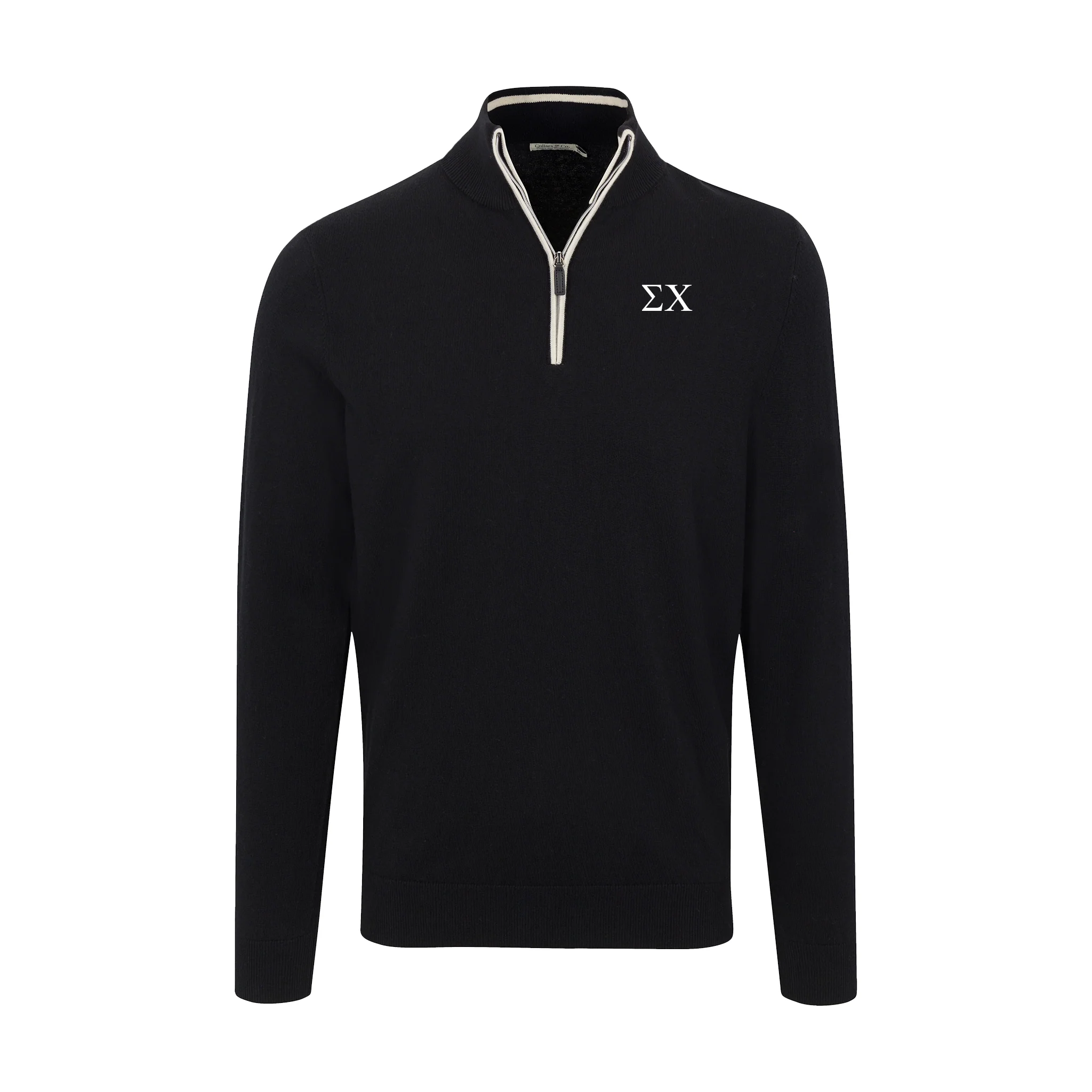 Sigma Chi Black with White Trim Luxury Touch Cotton and Cashmere Quarter Zip Sweater