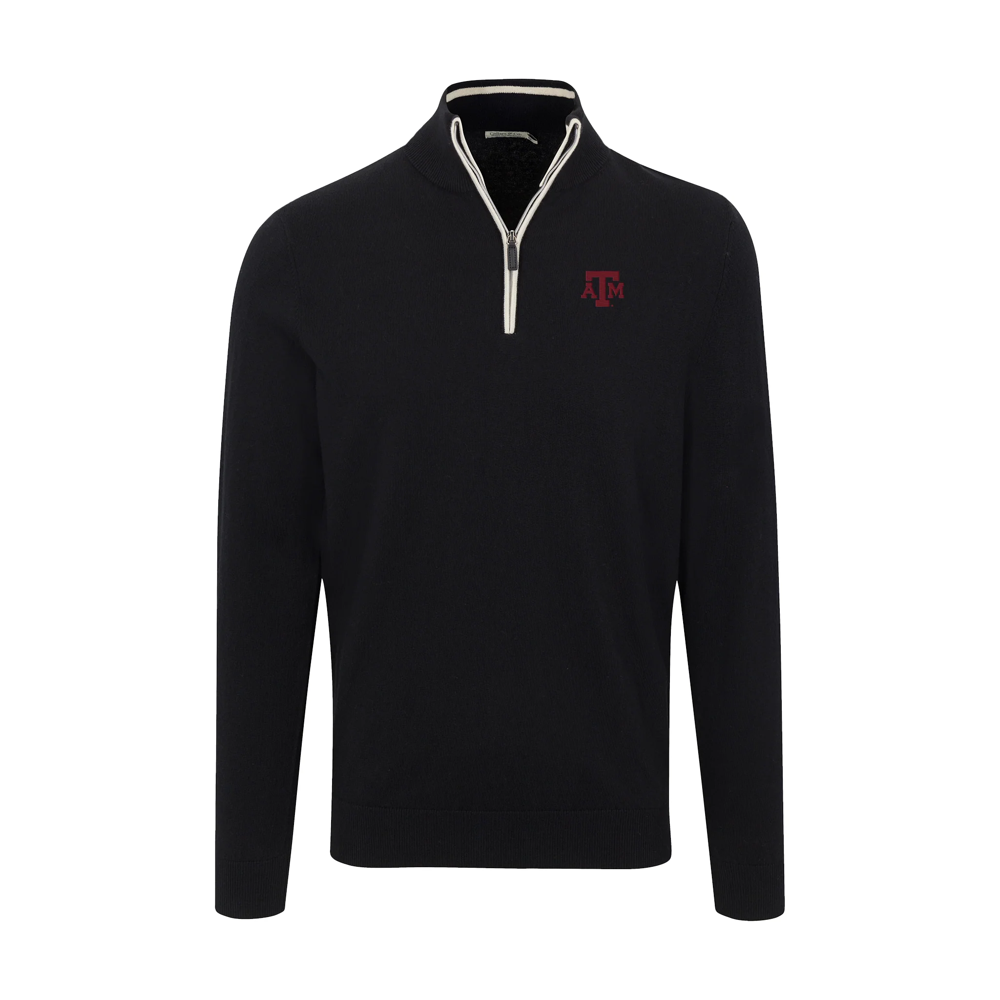Texas A&M Black with White Trim Luxury Touch Cotton and Cashmere Quarter Zip Sweater